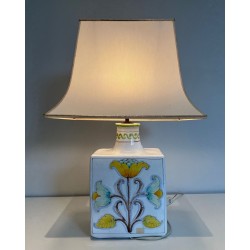 Earthenware Lamp with Birds and Flowers Decoration, French Work, circa 1970