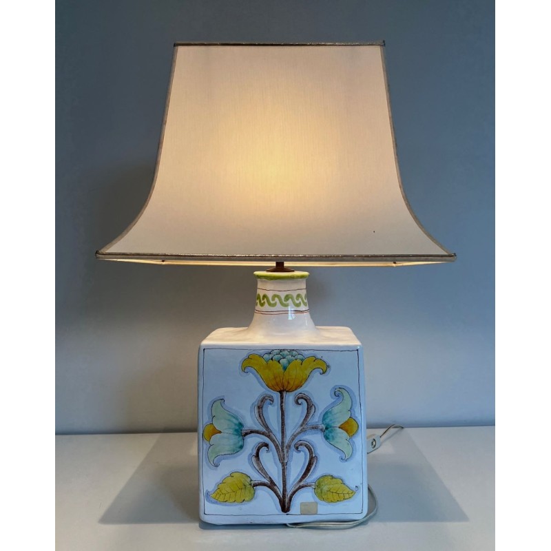 Lampe Faïence Décors Oiseaux et Fleurs, Travail Français, vers 1970