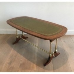 Table Basse Néoclassique en Bois, Laiton et Cuir