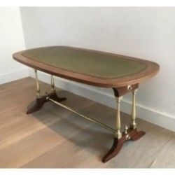 Table Basse Néoclassique en Bois, Laiton et Cuir