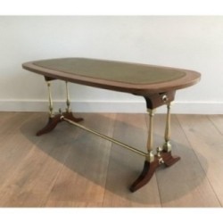 Table Basse Néoclassique en Bois, Laiton et Cuir
