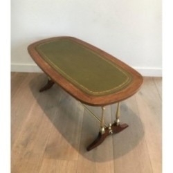 Table Basse Néoclassique en Bois, Laiton et Cuir