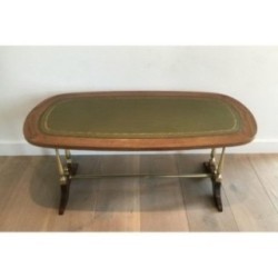 Table Basse Néoclassique en Bois, Laiton et Cuir