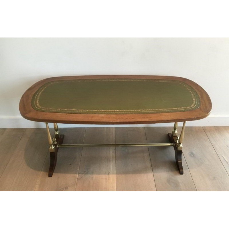 Table Basse Néoclassique en Bois, Laiton et Cuir