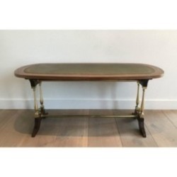 Table Basse Néoclassique en Bois, Laiton et Cuir