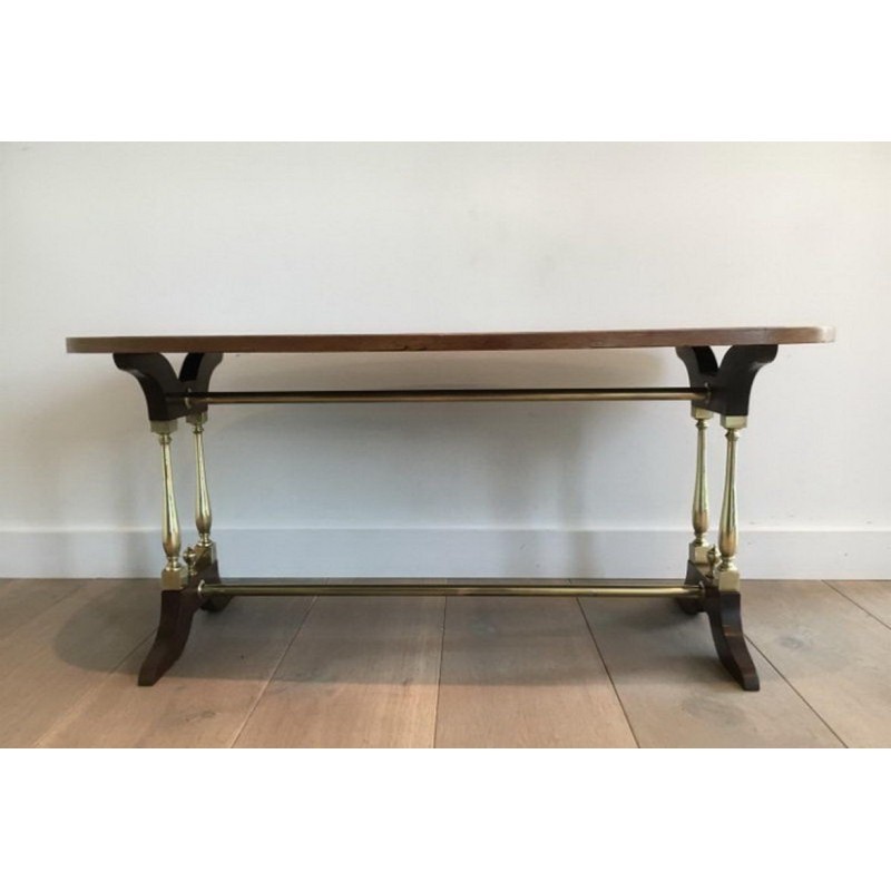 Table Basse Néoclassique en Bois, Laiton et Cuir