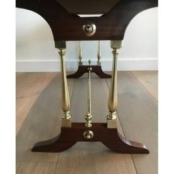 Table Basse Néoclassique en Bois, Laiton et Cuir