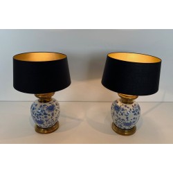 Pair of Chinoiserie Porcelain Table Lamps, Brass Mounts, circa 1970