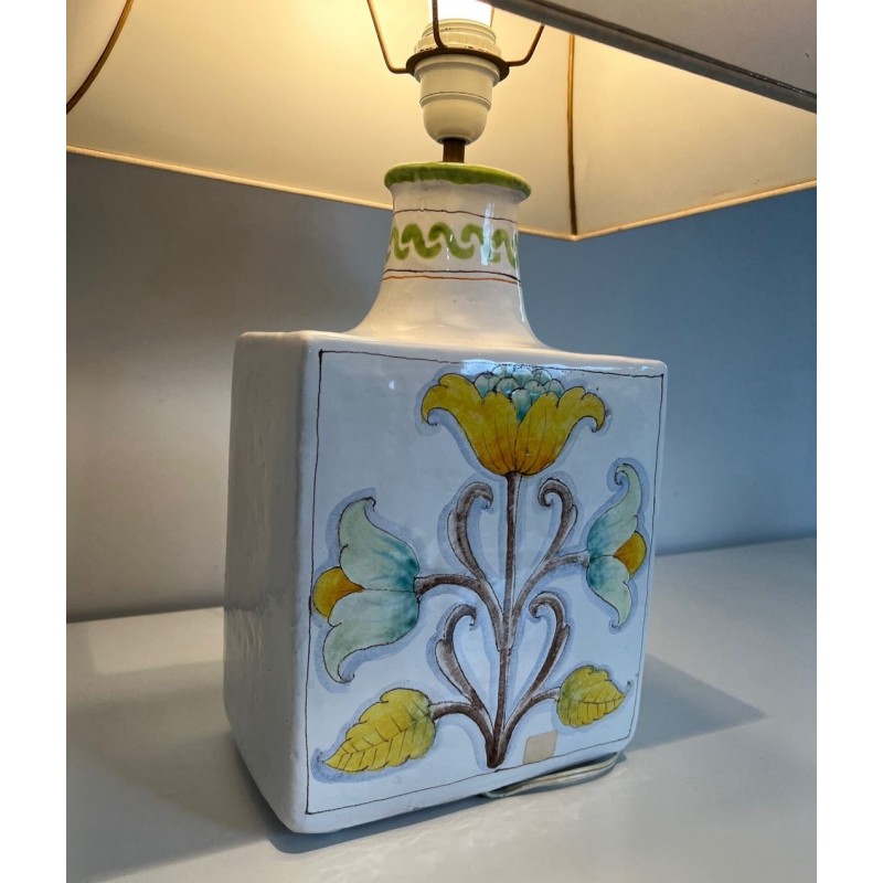 Earthenware Lamp with Birds and Flowers Decoration, French Work, circa 1970