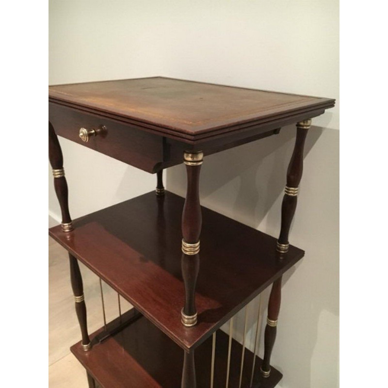 Petite Table en Acajou, Cuir et Laiton