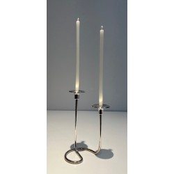 Two-Light Silvered Metal and Lucite Candlestick, French Work, circa 1970