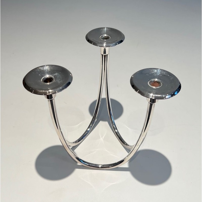 Three-Light Silvered Metal Candlestick, French Work, circa 1970