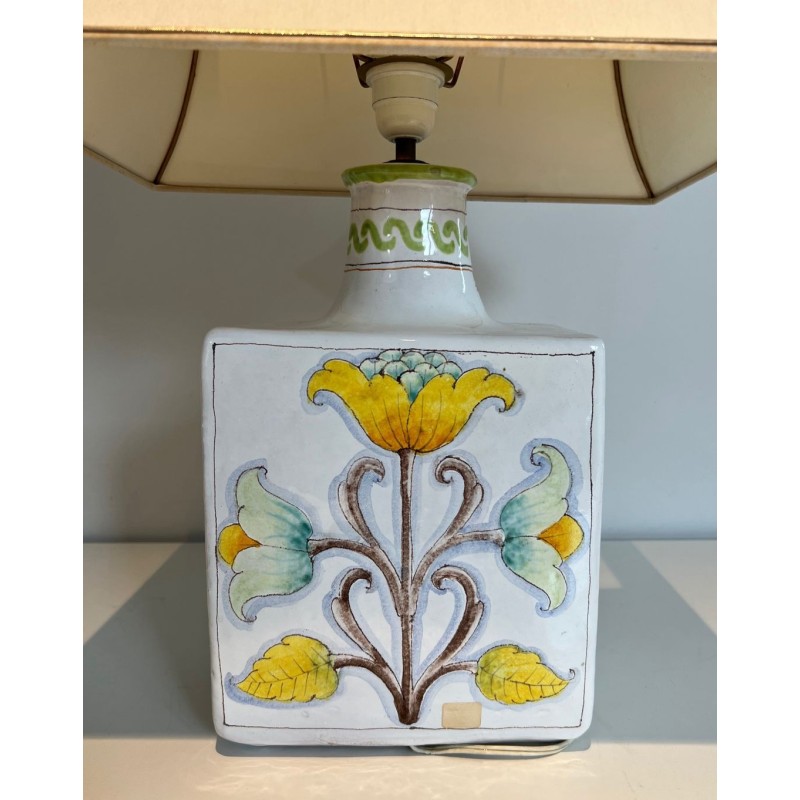 Earthenware Lamp with Birds and Flowers Decoration, French Work, circa 1970