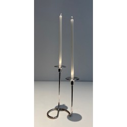 Two-Light Silvered Metal and Lucite Candlestick, French Work, circa 1970