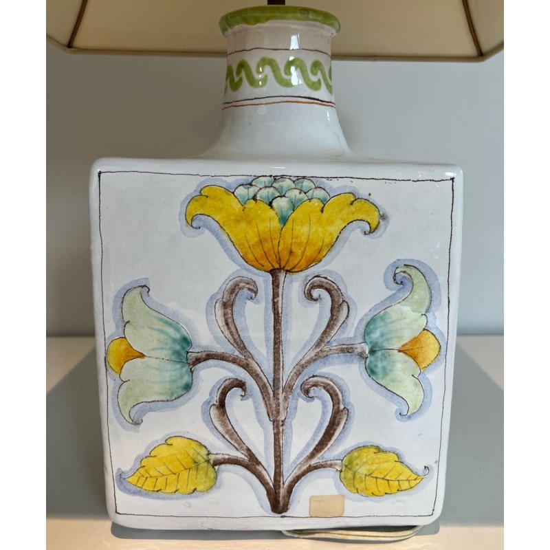 Lampe Faïence Décors Oiseaux et Fleurs, Travail Français, vers 1970