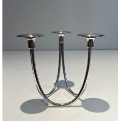 Three-Light Silvered Metal Candlestick, French Work, circa 1970