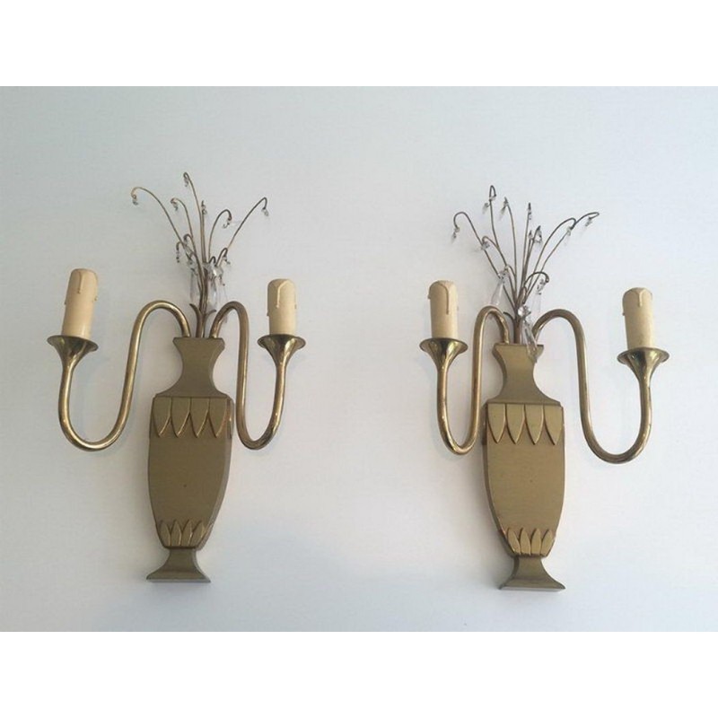 Paire d'Appliques en Laiton et Cristaux