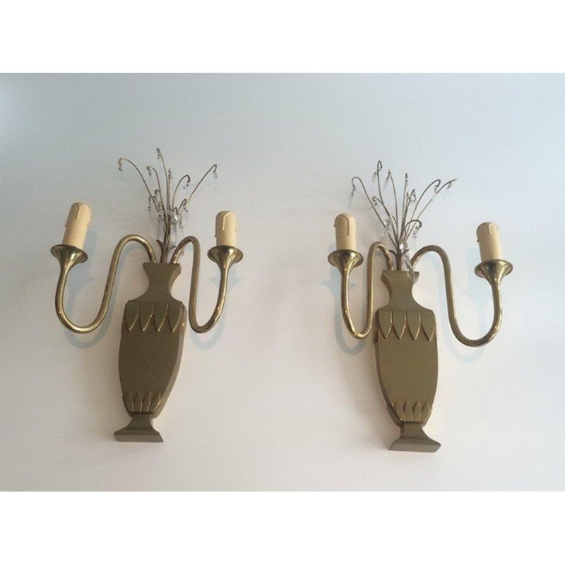 Paire d'Appliques en Laiton et Cristaux