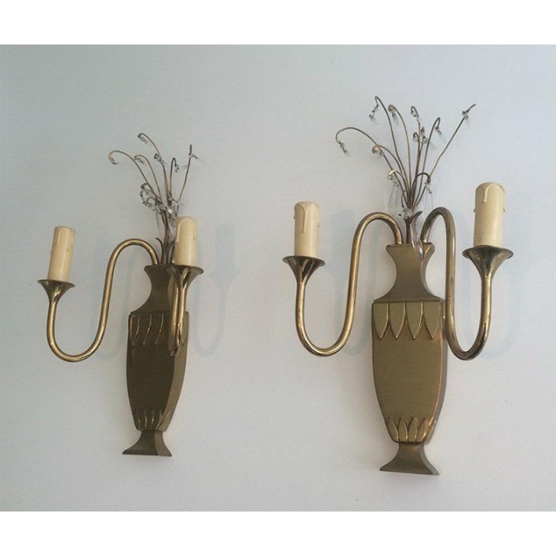 Paire d'Appliques en Laiton et Cristaux