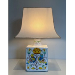 Earthenware Lamp with Birds and Flowers Decoration, French Work, circa 1970