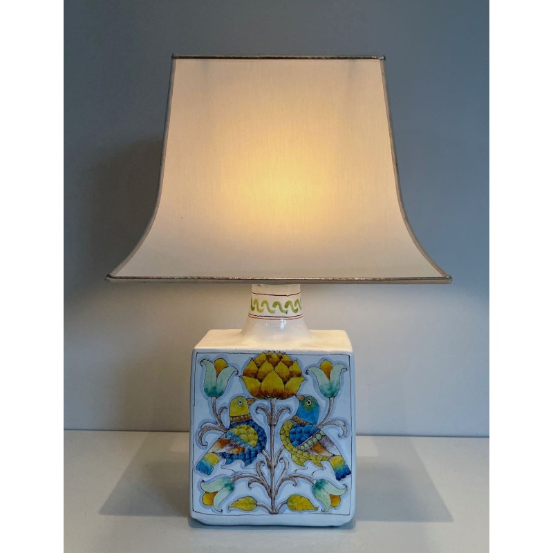 Earthenware Lamp with Birds and Flowers Decoration, French Work, circa 1970