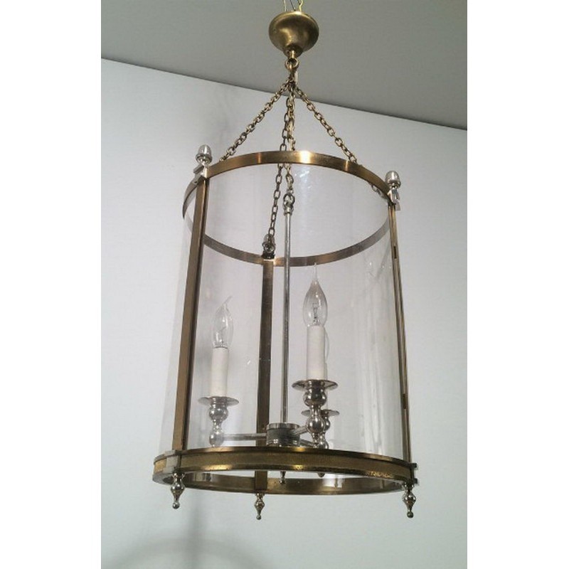 Lanterne Néoclassique en Laiton et Argent à Faux-verre Rond en Plastic Dur