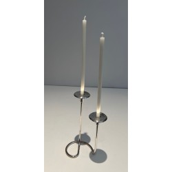 Two-Light Silvered Metal and Lucite Candlestick, French Work, circa 1970