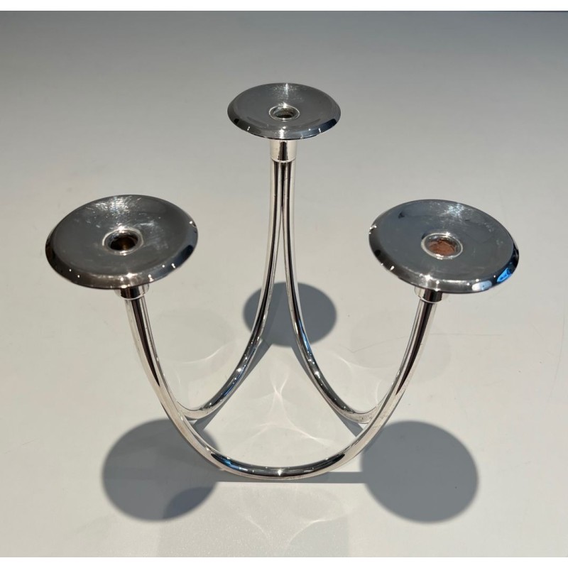 Three-Light Silvered Metal Candlestick, French Work, circa 1970