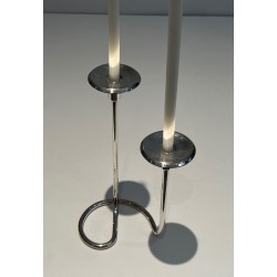 Bougeoir Métal Argenté et Lucite, Deux Bougies, vers 1970