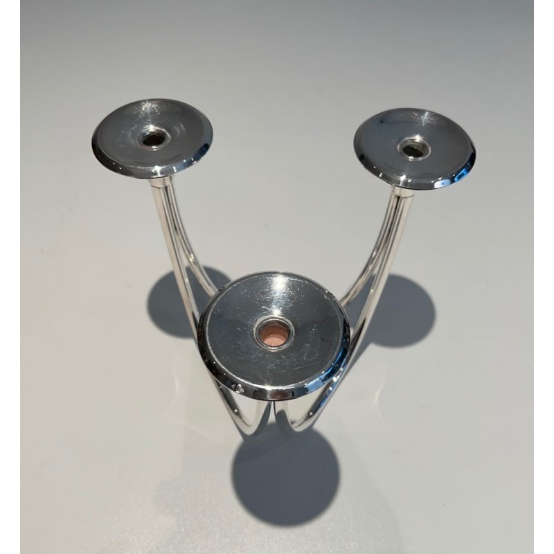 Bougeoir Trois Bougies Métal Argenté, Travail Français, vers 1970