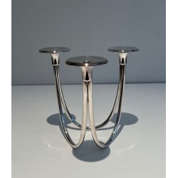 Three-Light Silvered Metal Candlestick, French Work, circa 1970