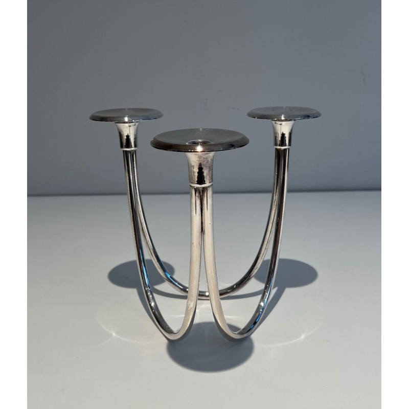 Three-Light Silvered Metal Candlestick, French Work, circa 1970