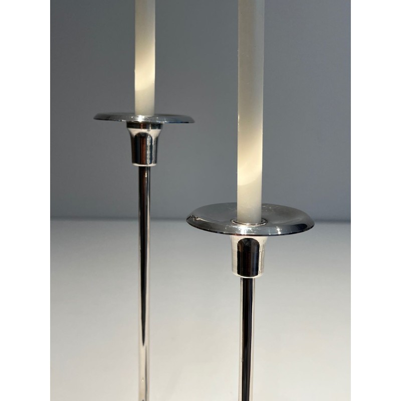 Bougeoir Métal Argenté et Lucite, Deux Bougies, vers 1970