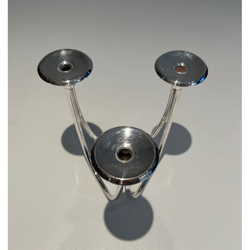 Three-Light Silvered Metal Candlestick, French Work, circa 1970