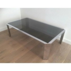 Table Basse Octogonale Chrome Verre Noir 1970 | Maison BARROIS