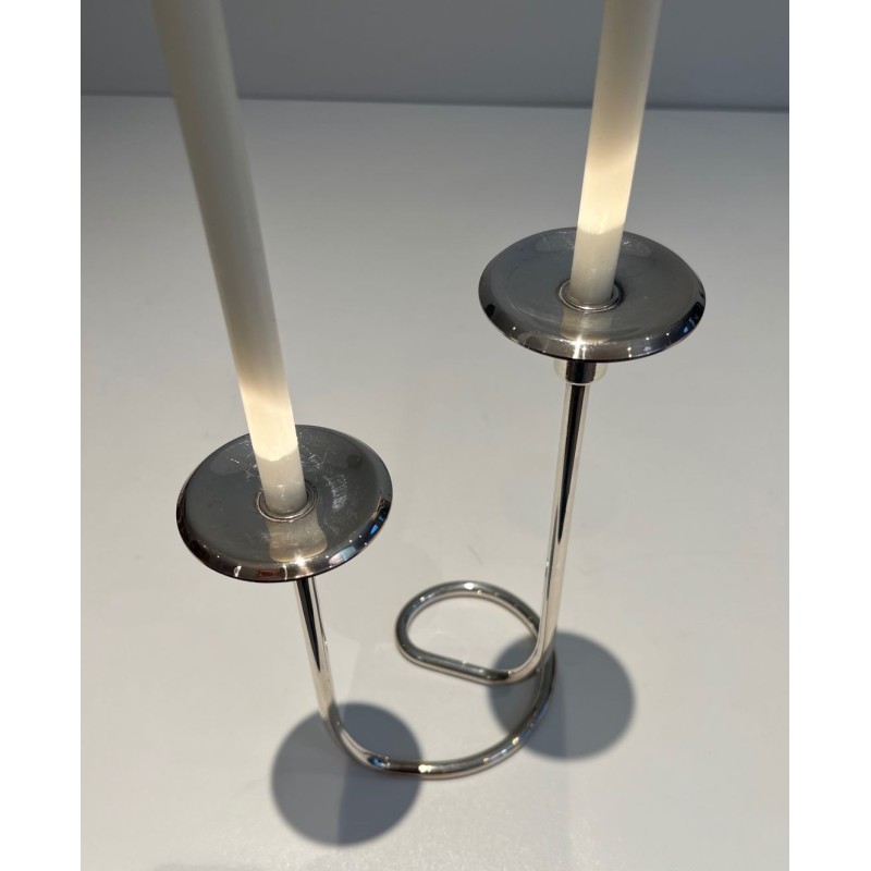Two-Light Silvered Metal and Lucite Candlestick, French Work, circa 1970