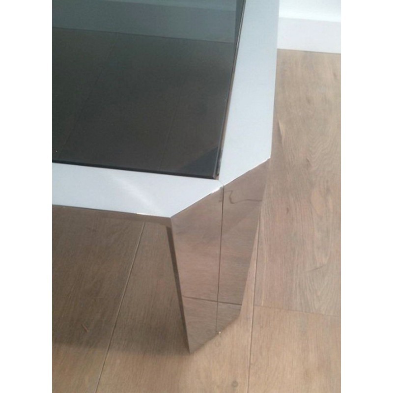 Octagonal Chrome Coffee Table Black Glass 1970 | Maison BARROIS