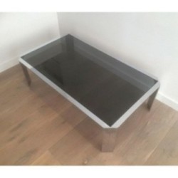 Octagonal Chrome Coffee Table Black Glass 1970 | Maison BARROIS