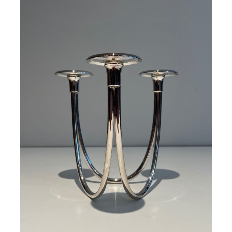 Bougeoir Trois Bougies Métal Argenté, Travail Français, vers 1970