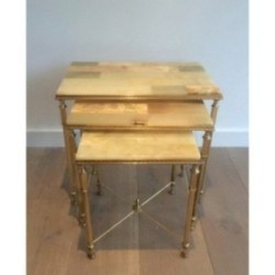 Set 3 Nesting Tables Gilt Metal Onyx 1940 | Maison BARROIS