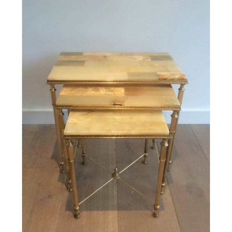 Set 3 Nesting Tables Gilt Metal Onyx 1940 | Maison BARROIS