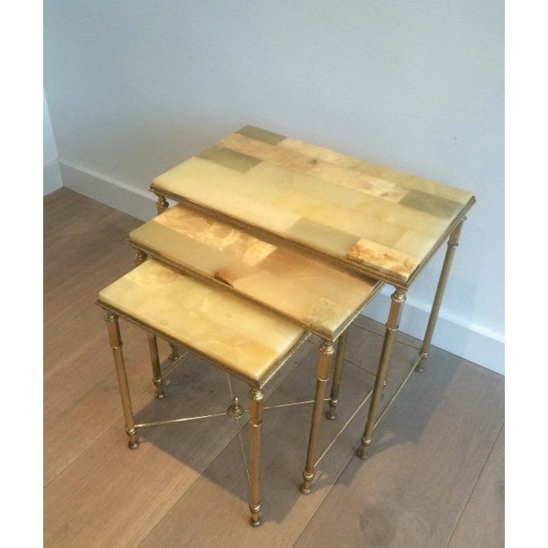 Set 3 Nesting Tables Gilt Metal Onyx 1940 | Maison BARROIS