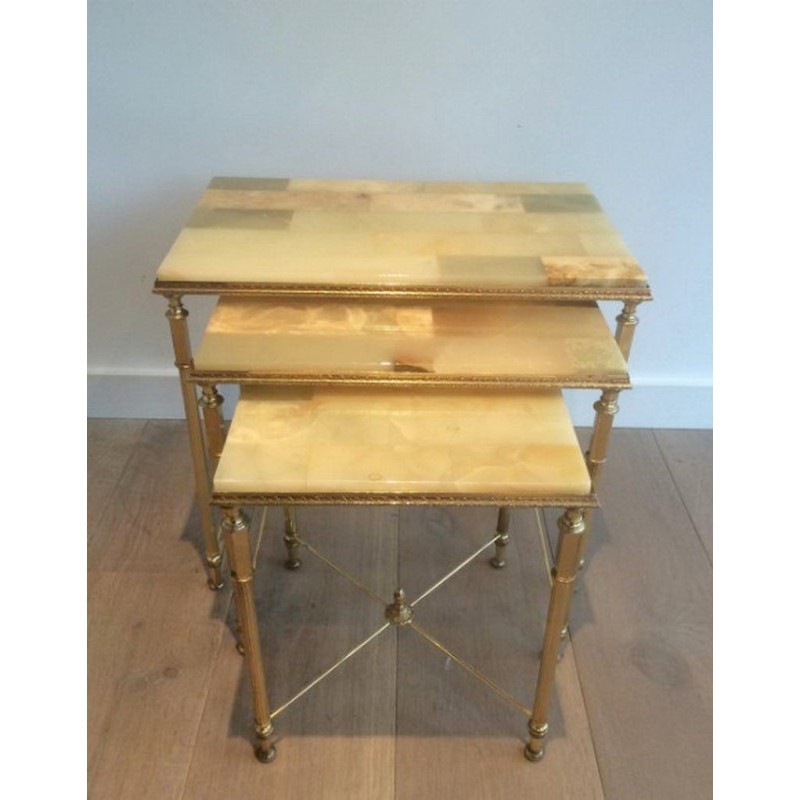 Set 3 Nesting Tables Gilt Metal Onyx 1940 | Maison BARROIS