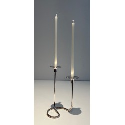 Two-Light Silvered Metal and Lucite Candlestick, French Work, circa 1970
