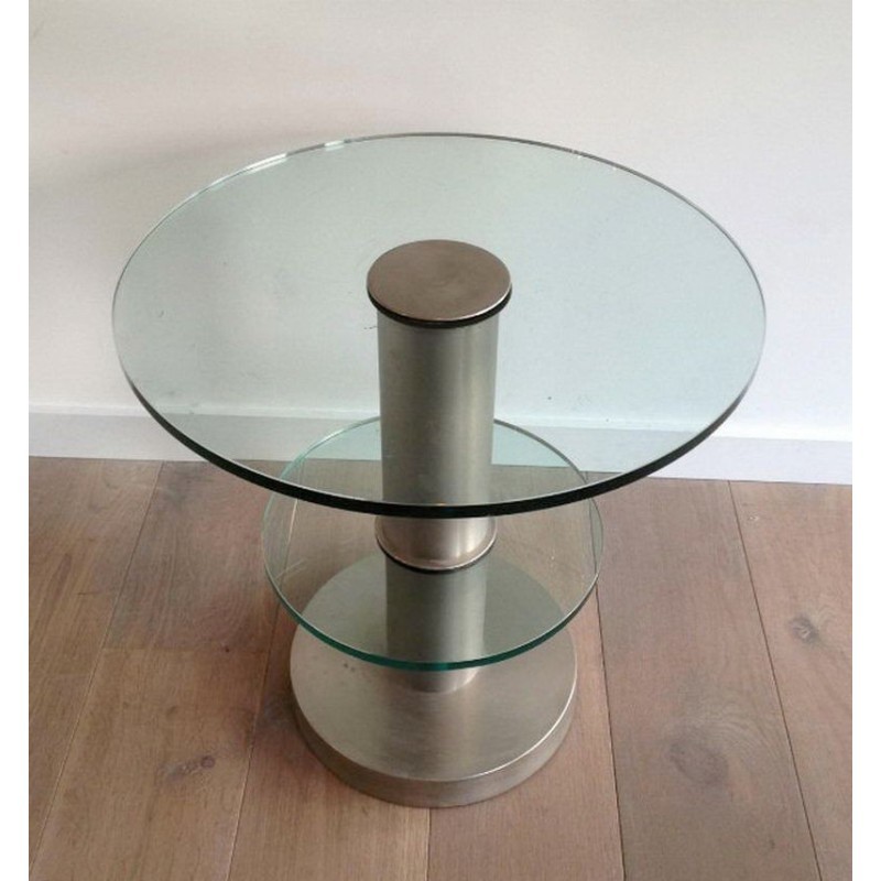 Brushed Metal Pedestal & Glass Slabs 1960 | Maison BARROIS