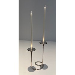 Bougeoir Métal Argenté et Lucite, Deux Bougies, vers 1970