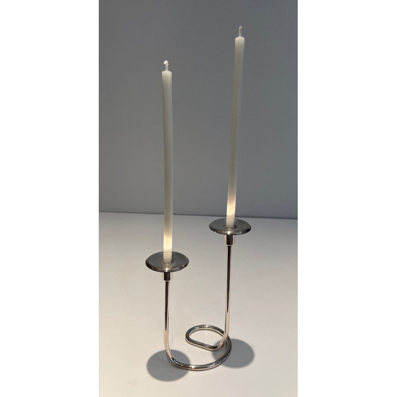 Two-Light Silvered Metal and Lucite Candlestick, French Work, circa 1970