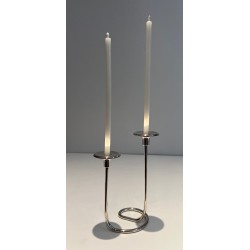 Bougeoir Métal Argenté et Lucite, Deux Bougies, vers 1970