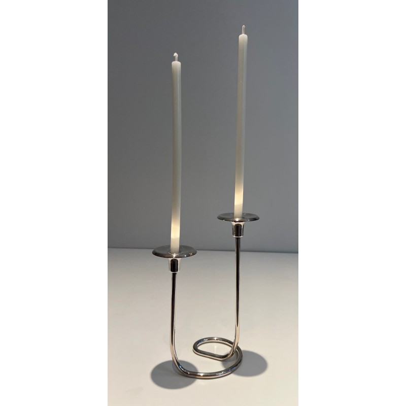 Two-Light Silvered Metal and Lucite Candlestick, French Work, circa 1970