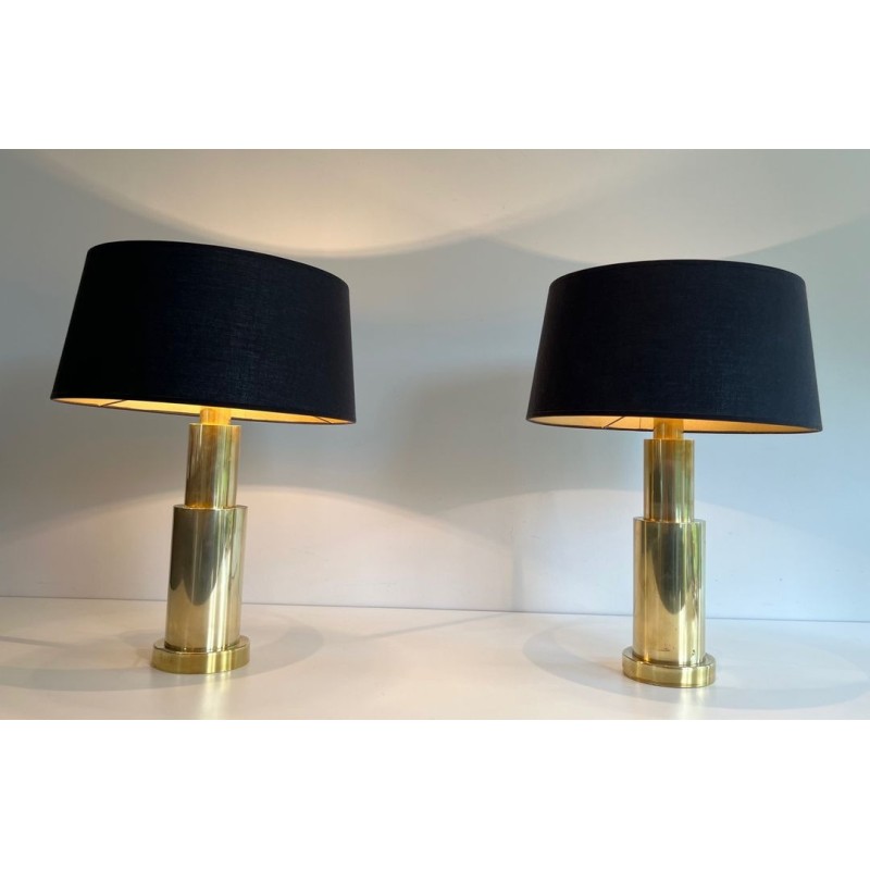 Pair of Modernist Brass Table Lamps, French Work, circa 1970